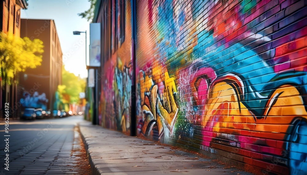 Fototapeta premium A vibrant urban alley featuring colorful graffiti on brick walls, with sunlight illuminating the scene and greenery in the background.
