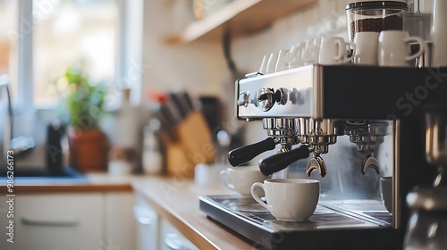 Modern Black Coffee Machine in a Stylish Kitchen with Cup - Sleek Home Appliance Closeup