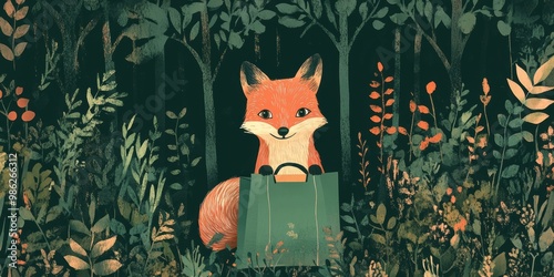 Fox with Shopping Bag in a Lush Forest