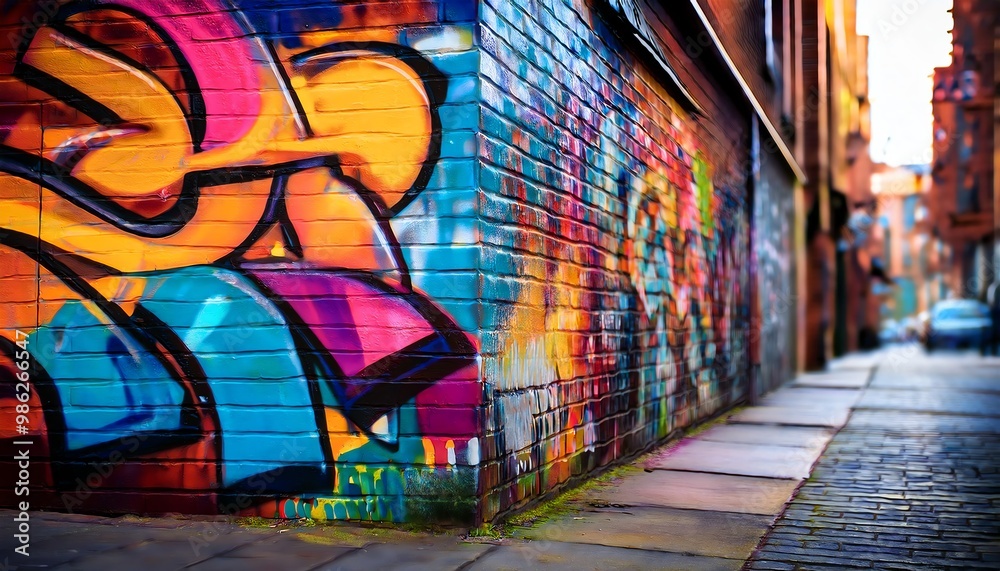 Obraz premium A vibrant alleyway featuring colorful graffiti art on the brick wall, showcasing creative expression and urban culture.