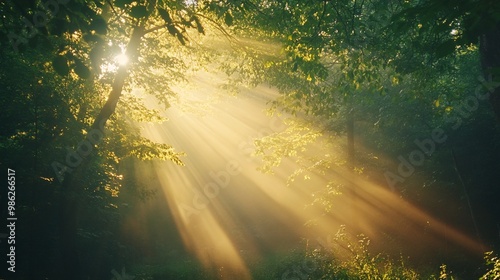 Sunbeams Filtering Through Trees and Fog in a Forest