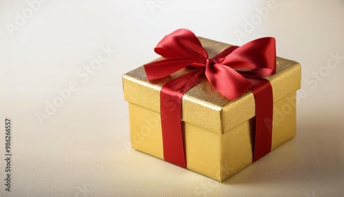 Elegant golden gift box with red bow on neutral background. Perfect for holiday, celebration, and special occasion themes.