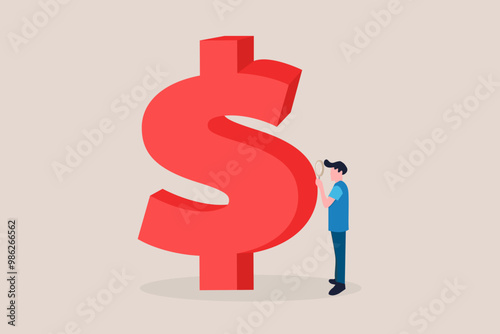 Businessman with magnifying glass looking for dollar. concept of Money check, financial and money saving tips
