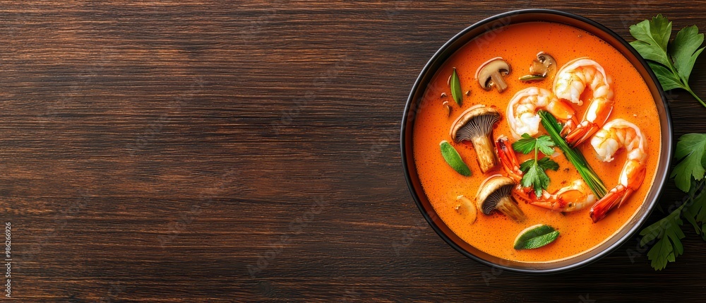 Delicious shrimp soup served in a bowl with mushrooms and herbs on a rustic wooden table. Delicious shrimp soup served in a bowl with mushrooms and herbs on a rustic wooden table.