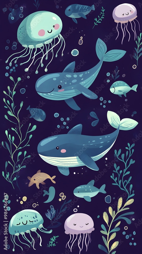 Obraz premium A cute, flat illustration of an ocean scene with various sea creatures, including whales and turtles, surrounded by seaweed and jellyfish in pastel blue tones on a dark purple background, in a hand-dr