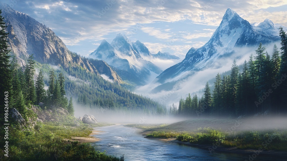 Fototapeta premium Majestic Mountain Range with Fog and River