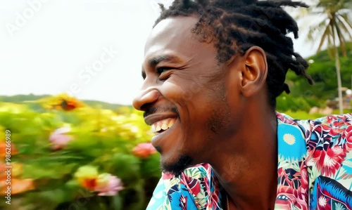 Joyful Haitian Man Coasting Downhill on Bicycle in Vibrant Landscape