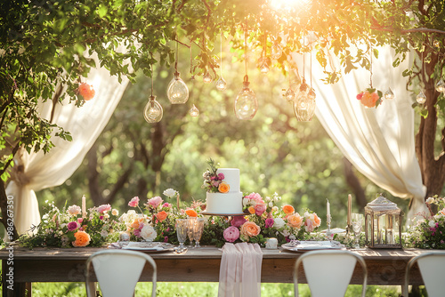 Rustic Chic Outdoor Wedding Set-Up with Floral Decorations, Illuminated Lanterns and a Classy Wedding Cake