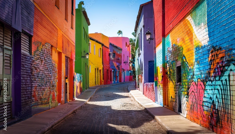 Fototapeta premium A vibrant alleyway adorned with colorful murals, showcasing artistic expression and charm in a lively urban setting.