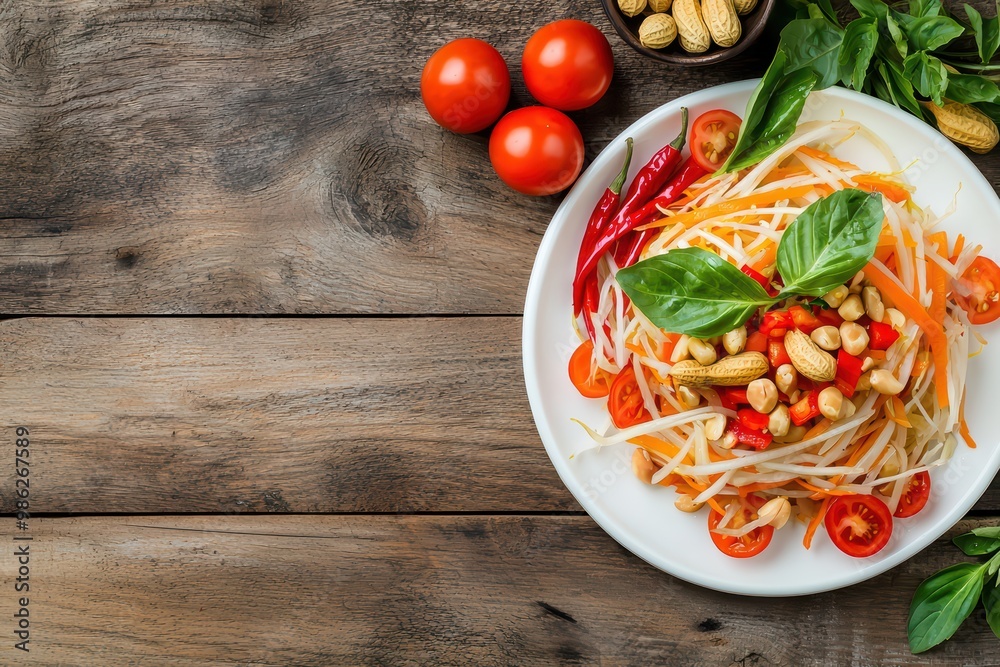 Fresh and vibrant salad with tomatoes, peanuts, and basil on a rustic wooden table. Fresh and vibrant salad with tomatoes, peanuts, and basil on a rustic wooden table.