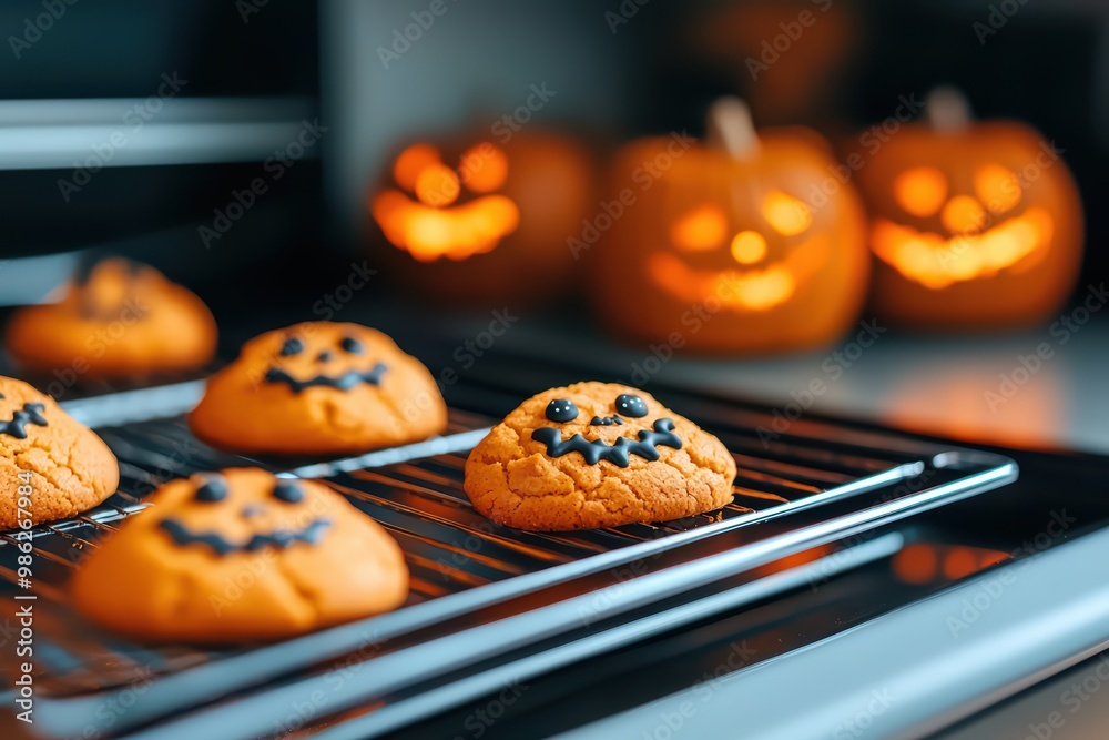 Halloween-themed cookies with pumpkin faces cooling on a rack, bright orange color, festive atmosphere. Halloween-themed cookies with pumpkin faces cooling on a rack, bright orange color, festive atmosphere.