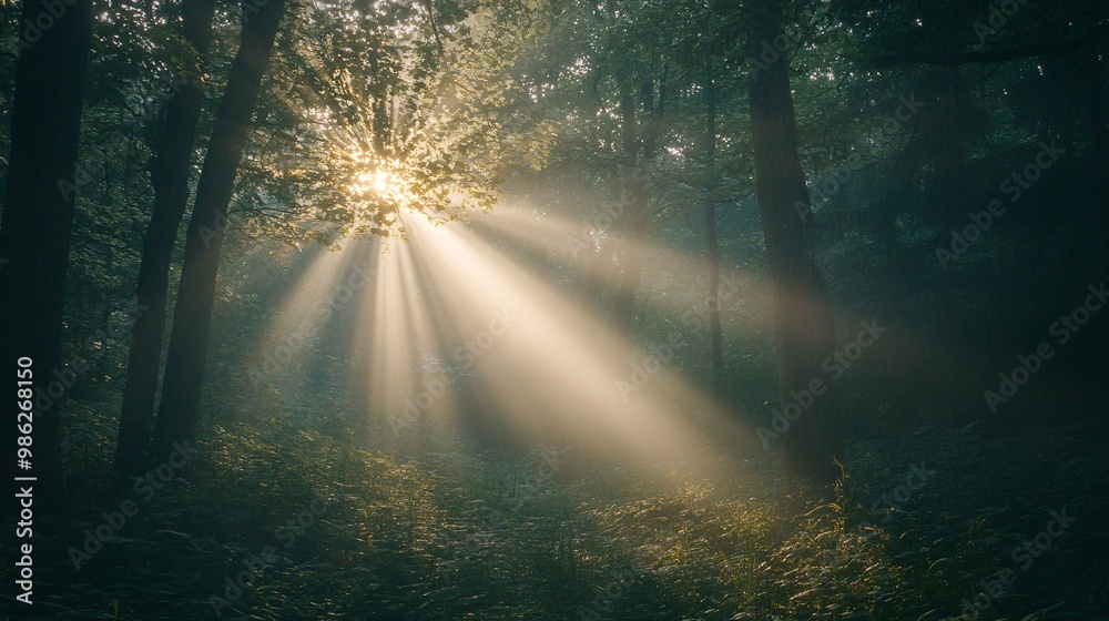 Obraz premium Sunbeams Streaming Through a Foggy Forest