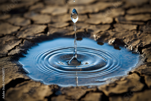 A dry, cracked earth with a single, precious drop of water falling into a small, parched puddle