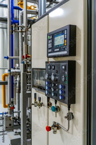 Modern control panel in clean water treatment plant, showcasing advanced technology and precision. equipment is designed for efficient monitoring and management of water treatment processes