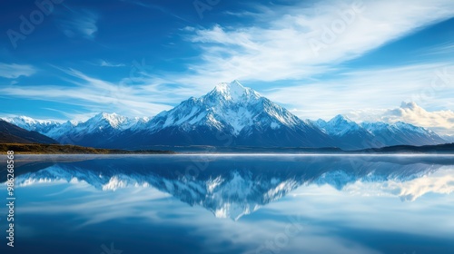 Majestic mountains reflected in calm blue waters under a clear sky.