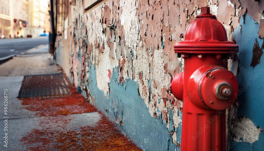A close-up of a red fire hydrant by a weathered wall, showcasing peeling paint, urban decay, and hints of rust on the sidewalk. A close-up of a red fire hydrant by a weathered wall, showcasing peeling paint, urban decay, and hints of rust on the sidewalk.