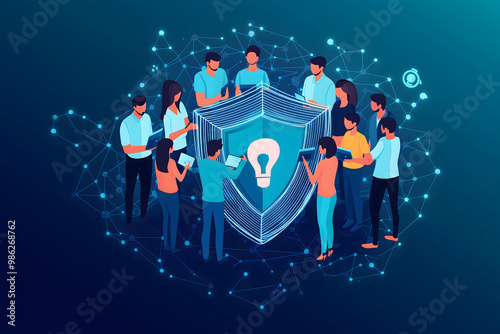 A team of people standing in front of a network, forming a human shield. Each person is holding a device, symbolizing how cybersecurity is not just about technology but also about people