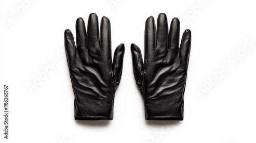 Pair of elegant, black leather gloves on a white isolate background.