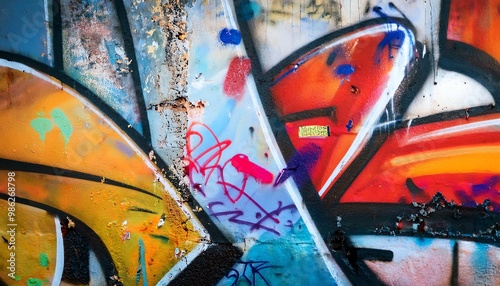 A vibrant close-up of colorful graffiti art showcasing bold shapes and expressive lines on a weathered surface. photo