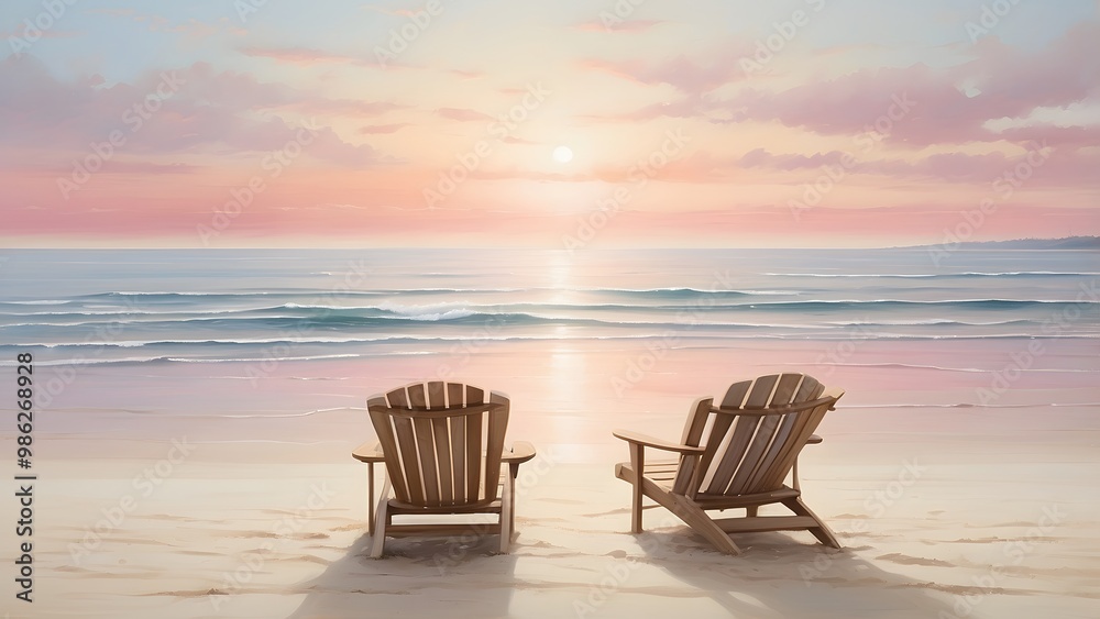 Two Wooden Lounge Chairs Face a Serene Beach at Sunrise, With Gentle Waves Lapping at the Shore Two Wooden Lounge Chairs Face a Serene Beach at Sunrise, With Gentle Waves Lapping at the Shore