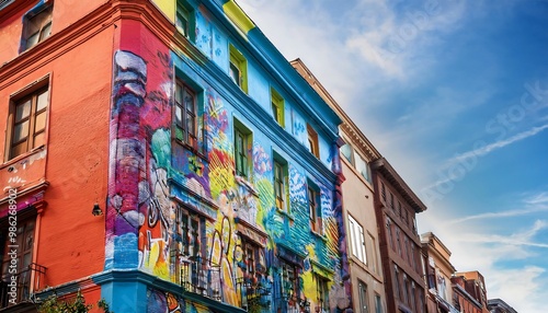 A vibrant building adorned with colorful street art, showcasing a blend of graffiti styles against a clear blue sky.