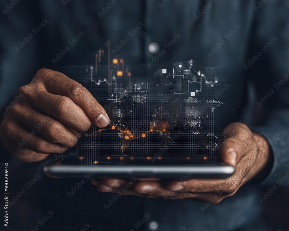 Businessman reviewing portfolio with global financial symbols, portfolio management, international investment Businessman reviewing portfolio with global financial symbols, portfolio management, international investment