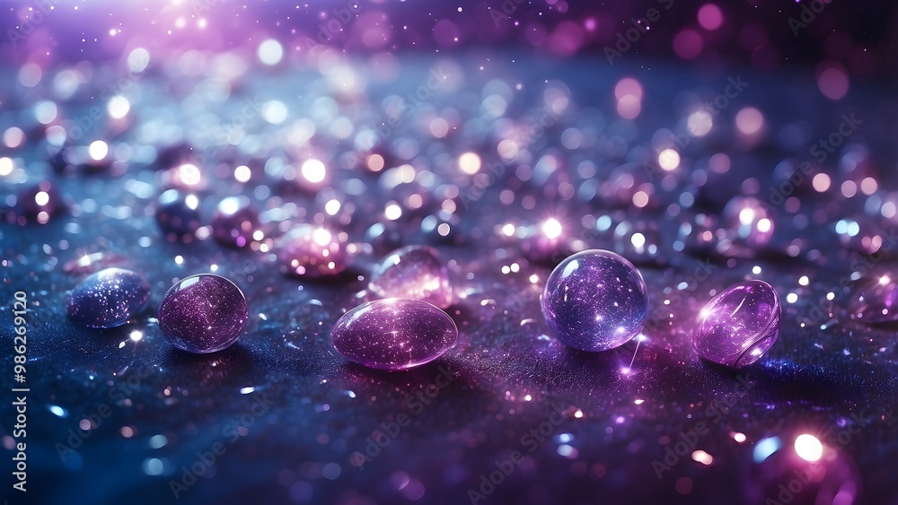 Shimmering Purple and Blue Orbs Scattered Across a Reflective Surface With Twinkling Lights Captured at Night