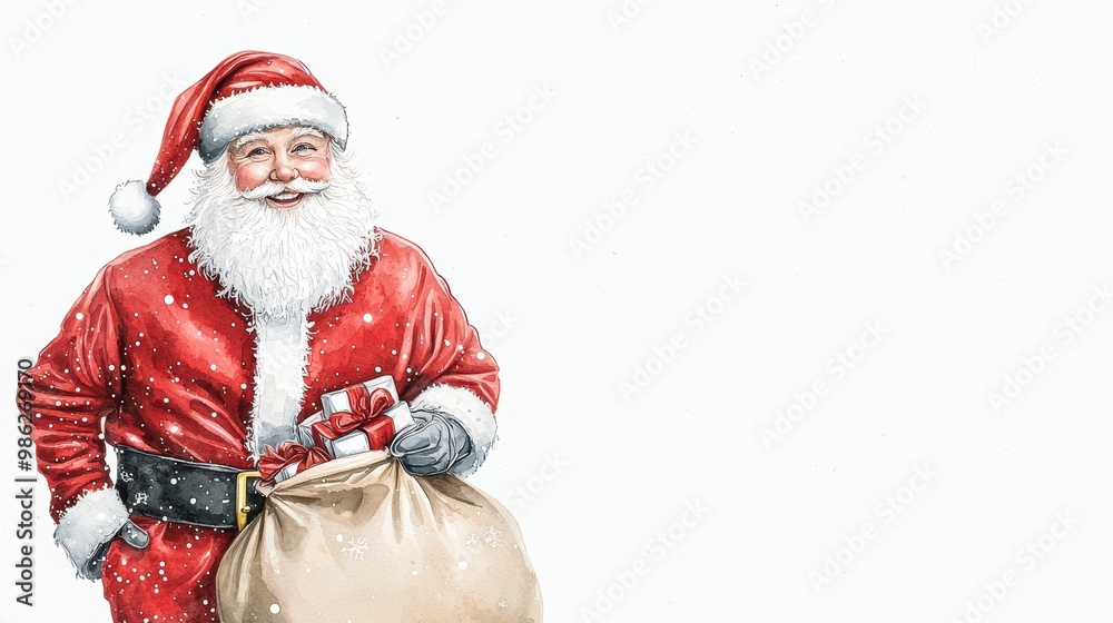 Santa Claus with gifts in a sack, snowy background. Santa Claus with gifts in a sack, snowy background.