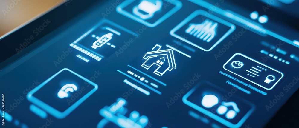 Smart home control panel on a digital tablet, showcasing various icons for home automation features. Smart home control panel on a digital tablet, showcasing various icons for home automation features.
