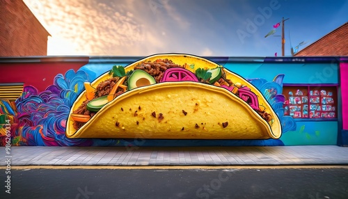 A vibrant street mural featuring a giant taco filled with fresh toppings against a colorful urban backdrop.
