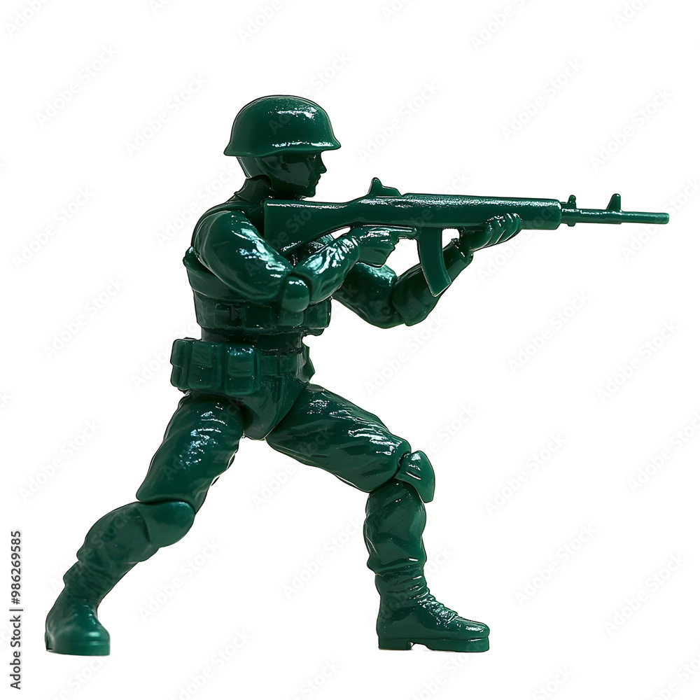 A plastic toy soldier in green uniform holding a rifle with a transparent background. A plastic toy soldier in green uniform holding a rifle with a transparent background.