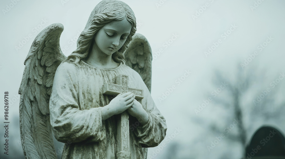 A solemn angel statue holds a cross in a misty cemetery at dawn, symbolizing peace, remembrance, and spirituality amid the gravestones.
A solemn angel statue holds a cross in a misty cemetery at dawn, symbolizing peace, remembrance, and spirituality amid the gravestones.