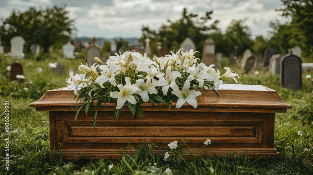 A wooden casket adorned with white lilies rests in a serene cemetery, surrounded by gravestones and greenery, symbolizing peace and remembrance.
A wooden casket adorned with white lilies rests in a serene cemetery, surrounded by gravestones and greenery, symbolizing peace and remembrance.
