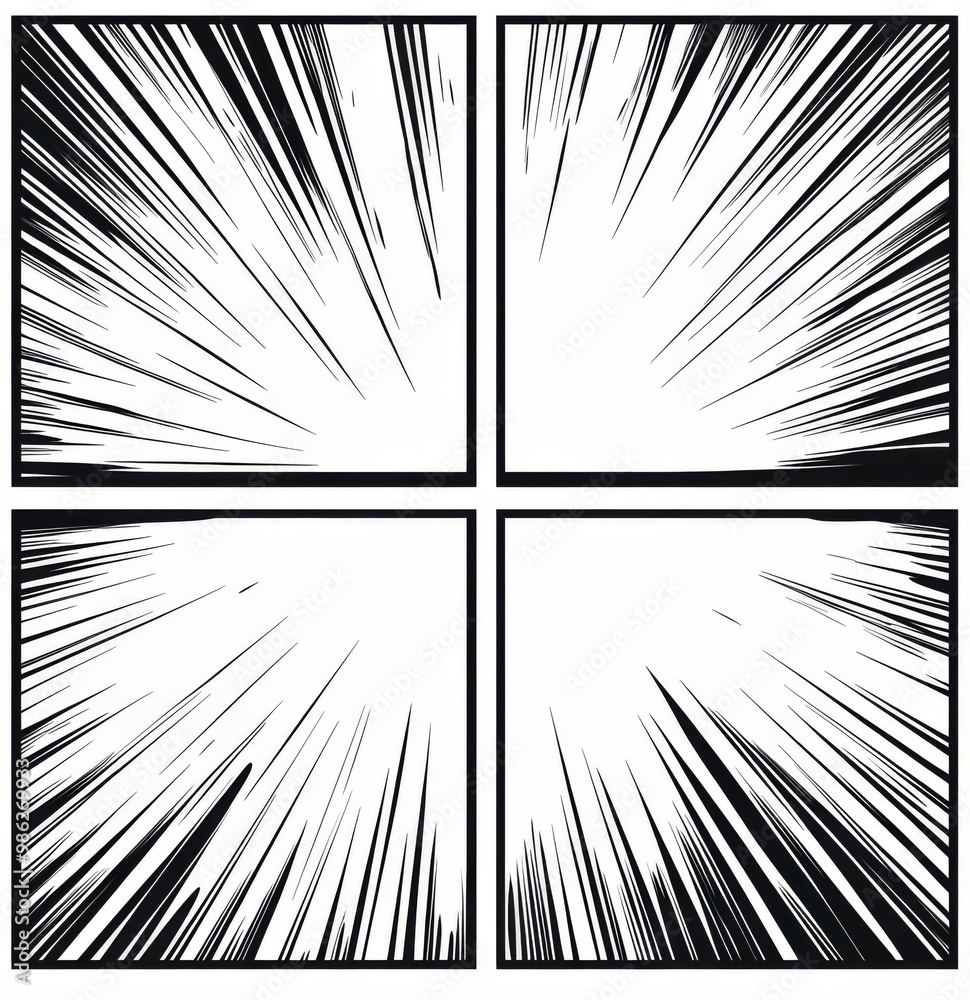 Obraz premium Four-Panel Comic Frame with Speed Lines on a Blank White Background for Action Scenes.
