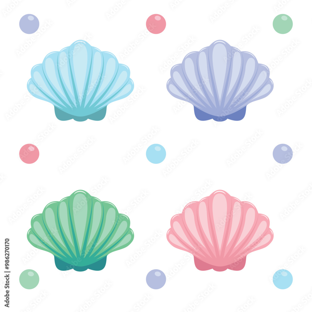 Blue sea shells with colored pearls isolated on white background. Vector illustration in flat cartoon style Blue sea shells with colored pearls isolated on white background. Vector illustration in flat cartoon style