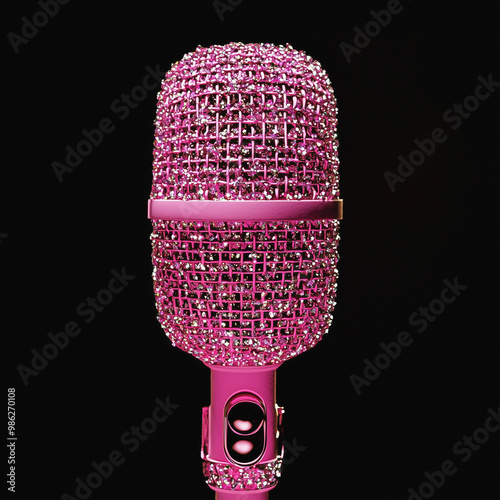 Shiny pink microphone adorned with sparkling rhinestones on black background.
