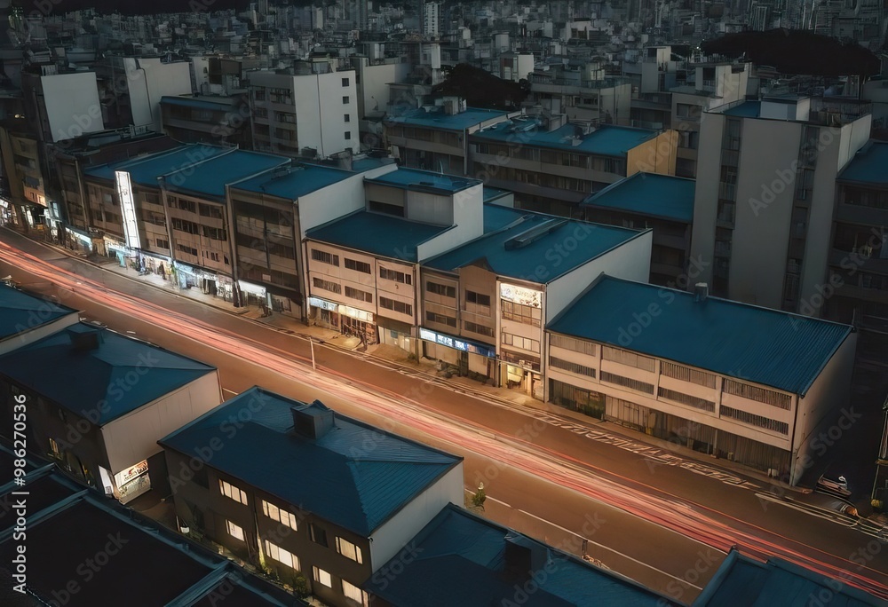 Fototapeta premium Aerial view of a city at night with a hotel sign