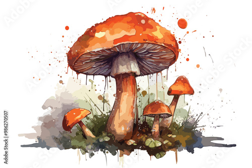 cute watercolor hand drawn mushrooms, colorful aquarelle vector paintings forest poisonous mushroom fly agaric in the grass. vector watercolor vector and illustration  .
