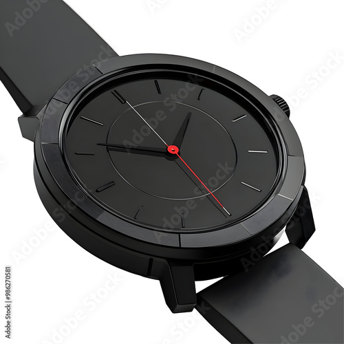 Sleek black wristwatch with red second hand isolated on a transparent background. photo