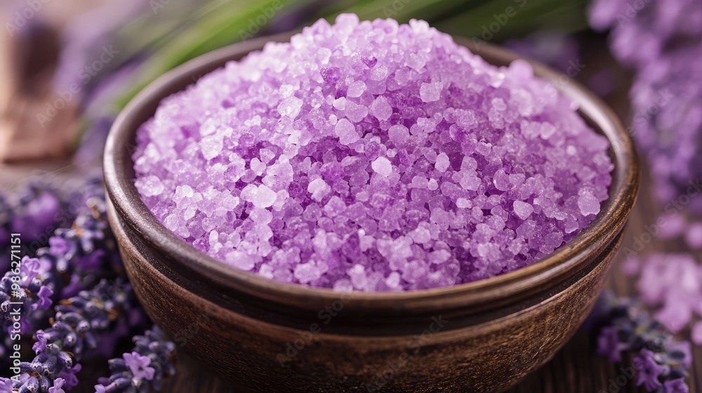 Lavender bath salts in a decorative bowl, surrounded by lavender blooms for a soothing vibe. Lavender bath salts in a decorative bowl, surrounded by lavender blooms for a soothing vibe.