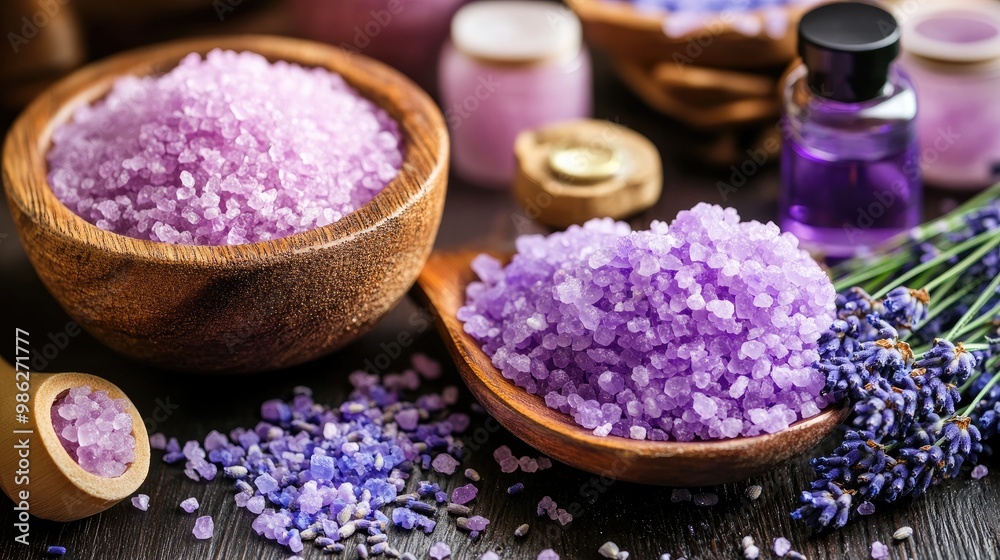 Lavender flowers and bath salts arranged in a spa setting, representing calmness and self-care. Lavender flowers and bath salts arranged in a spa setting, representing calmness and self-care.
