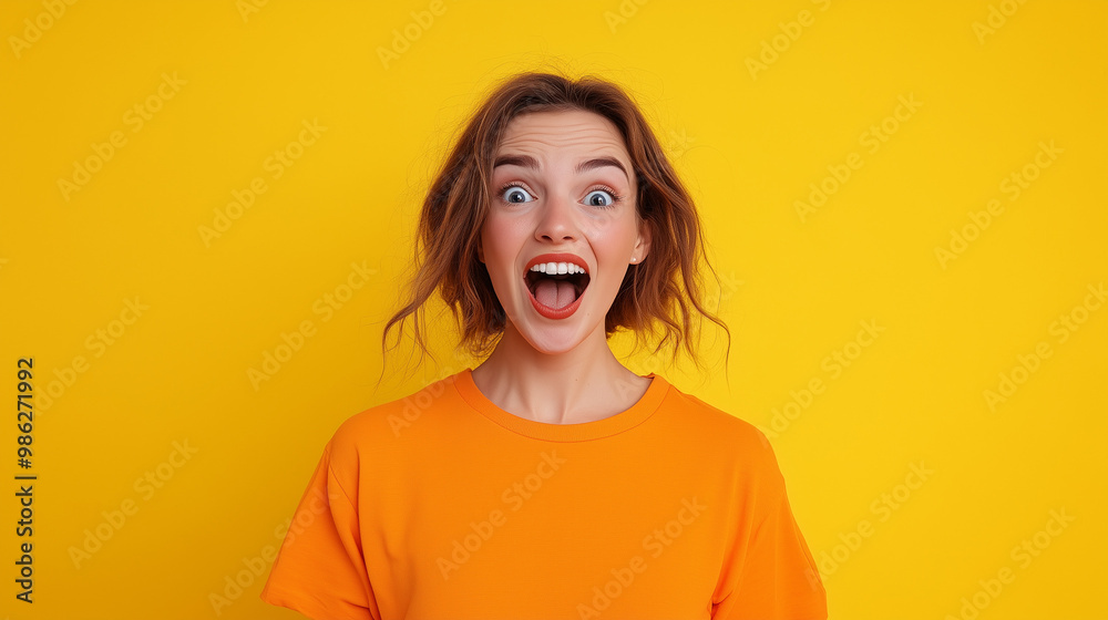 A young woman with a surprised expression, mouth open wide, against a bright yellow background. A young woman with a surprised expression, mouth open wide, against a bright yellow background.
