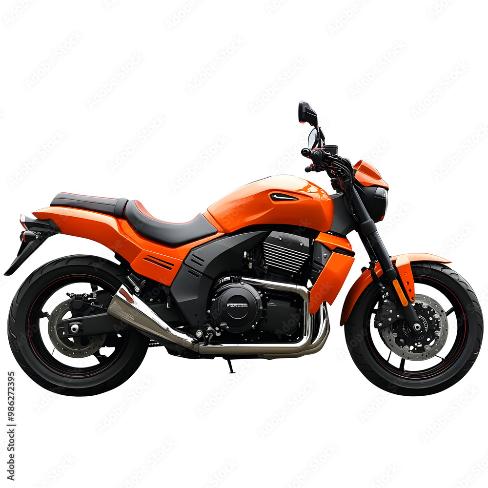 Orange Cruiser Motorcycle with Black Seat and Chrome Exhaust Pipes on Transparent Background Orange Cruiser Motorcycle with Black Seat and Chrome Exhaust Pipes on Transparent Background