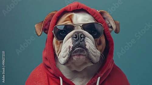 Suave Bulldog in Stylish Sportswear Outfit with Sunglasses Against Minimal Background