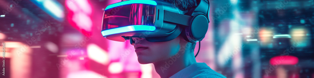 Immersed in vibrant virtual world, person wearing futuristic VR headset experiences cutting edge technology. neon lights create captivating atmosphere, enhancing sense of adventure and excitement Immersed in vibrant virtual world, person wearing futuristic VR headset experiences cutting edge technology. neon lights create captivating atmosphere, enhancing sense of adventure and excitement