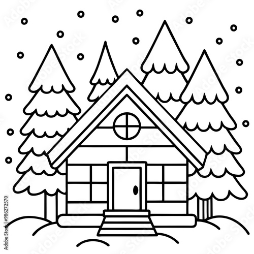 coloring page for kids bold line art cozy cabin 