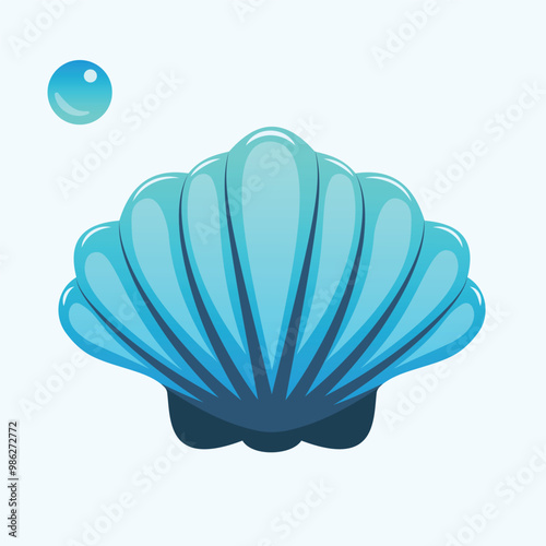 Beautiful blue sea shell isolated with pearls on white background. Vector illustration in flat cartoon style