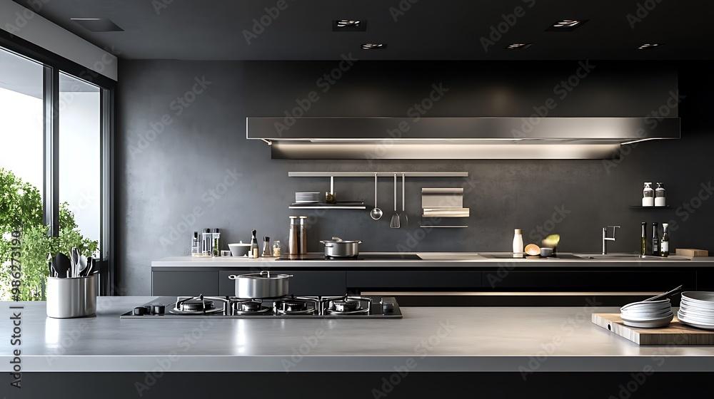 Modern Black Coffee Machine in a Stylish Kitchen with Cup - Sleek Home Appliance Closeup Modern Black Coffee Machine in a Stylish Kitchen with Cup - Sleek Home Appliance Closeup