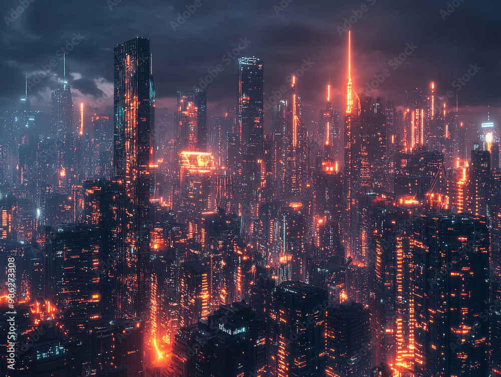 Fototapeta premium A cityscape with many buildings lit up in orange and red. The city appears to be in the middle of a night time