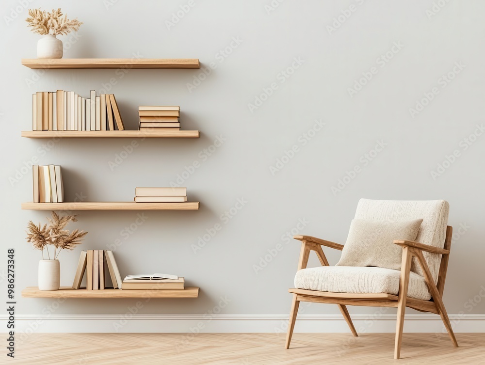 Cozy reading nook with minimalist chair and simple bookshelf, minimalistic furniture, serene corner Cozy reading nook with minimalist chair and simple bookshelf, minimalistic furniture, serene corner